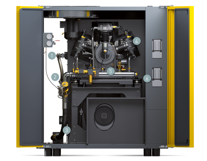 Komponenty kompaktného zariadenia dotlačovacieho kompresora série DN C (predná strana)