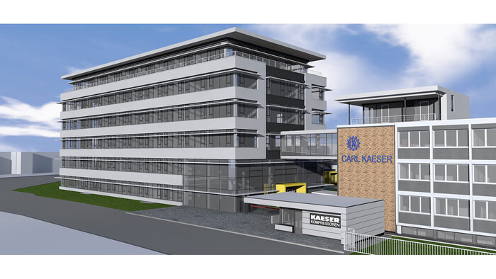 Bočný náhľad počítačovej animácie novej administratívnej budovy spoločnosti Kaeser Kompressoren